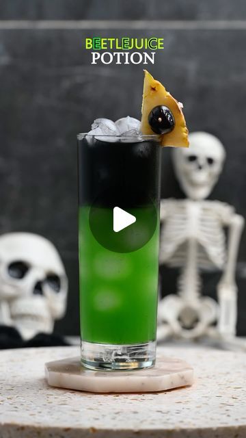 Everyday Cocktail on Instagram: "This is another cocktail I made for Halloween: Beetlejuice Potion! 🎃 It has a very rich tropical flavor 🍍🍊 and gives you the perfect Halloween vibe. 👻💀

Recipe:

	•	2 oz pineapple juice 🍍
	•	1 oz orange juice 🍊
	•	1/2 oz blue curaçao 💙
	•	2 oz white rum (vodka works well too) 🍸
	•	1 spoon activated charcoal or black edible glitter ✨

#HalloweenCocktails #PumpkinMargarita #SpookySips #FallFlavors #HalloweenVibes #EverydayCocktail #PumpkinEverything #TrickOrTreat #FallDrinks #beetlejuice
#alcohol #bar #bartender #bartenderlife #cocktailrecipe #cheers #cocktail #cocktailart #cocktailbar" Halloween Beetlejuice, Alcohol Bar, Themed Drinks, Halloween Cocktails, Cocktail Art, Blue Curacao, Fall Drinks, White Rum, Edible Glitter