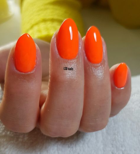 Orange Oval Nails Summer, Bright Orange Nails Almond, Gel Nails Orange Summer Colors, Orange Nails Bright, Neon Orange Acrylic Nails Almond, Acrylic Nails Almond Orange, Neon Orange Nails Almond, Nails For Summer Orange, Orange Nails Oval