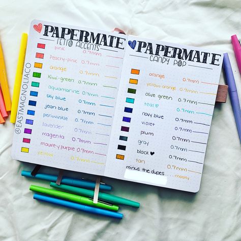 Bujo Papermate Flair Candy Pop and Retro Flair Swatch Spread Bujo Swatch Page, Papermate Felt Tip Pens, Journals Pens & Pencils, Pen Swatches Bullet Journal, Bullet Journal Pens, Papermate Flair Pens, Brain Parts, Paper Mate Flair, Flair Pens