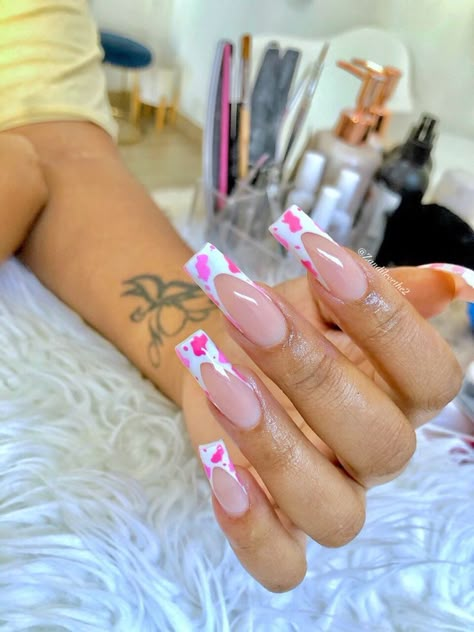 Pink Cowprint Nails French Tip, Pink Cow Print Nails Acrylic, Cow Acrylic Nails, Cow Print Nails Acrylic, Pink Cow Nails, Print Nails Acrylic, Pink Cow Print Nails, Acrylic Nail Designs Classy, Cow Print Nails