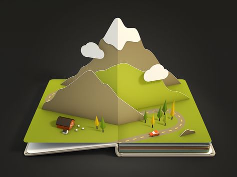 One more pop-up book page for the AirPano iOS app.  Check other pages and  design process on Behance :) Diy Pop Up Book, Arte Pop Up, Pop Book, Pop Up Art, Paper Pop, Mountain Designs, Up Book, Pop Up Book, Open Book