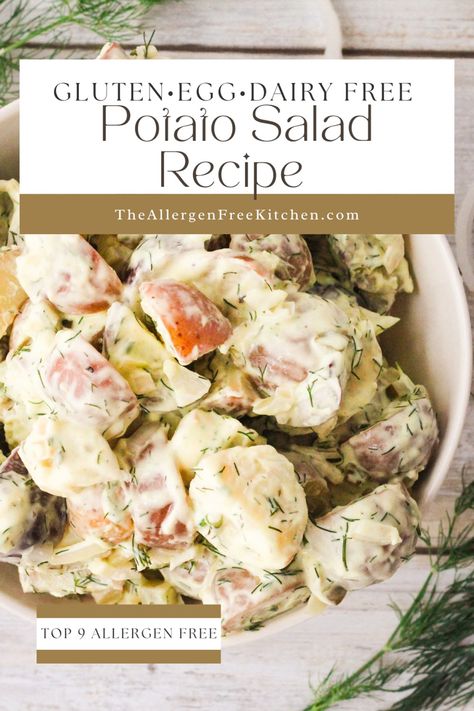 Egg free potato salad there is no other perfect summer barbecue side dish than this one. The allergen friendly potato salad is egg, dairy, gluten, mustard, and top 8 allergens free. Egg Free Potato Salad, Gluten Free Potato Salad, Egg-free Recipes, Cookout Sides, Warm Potato Salads, Barbecue Sides, Barbecue Side Dishes, Thyme Recipes, German Potato Salad