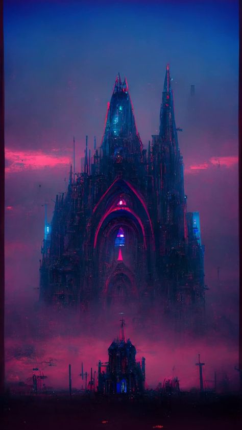 Cyberpunk Castle, Sci Fi Gothic, Gothic Sci Fi Aesthetic, Sci Fi Cathedral, Gothic Spaceship, Gothic Futuristic City, Dark Futuristic City Aesthetic, Neon Cathedral, Inside House