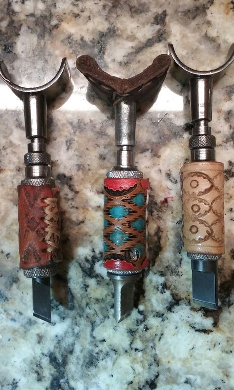 Leather covered swivel knives by V. Brown Swivel Knife, Leather Patterns Templates, Diy Leather Working, Handmade Leather Work, Leather Goodies, Leatherworking Tools, Leather Working Patterns, Leather Working Tools, Leather Tools