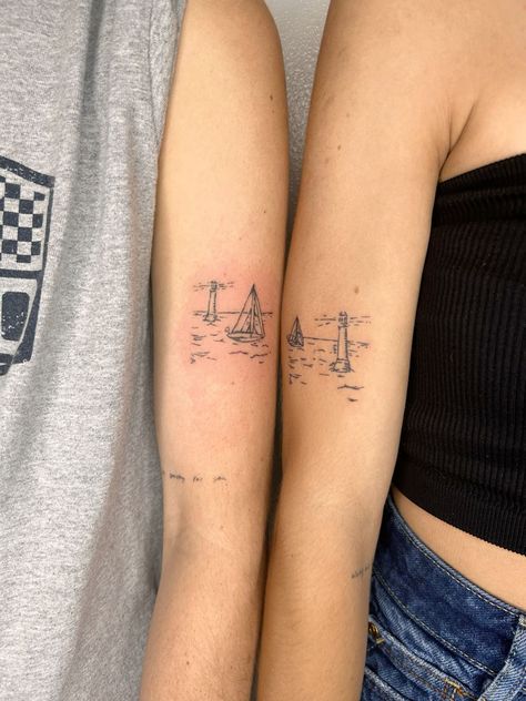 Simplistic Matching Tattoos, Matching Tattoos Ocean, Matching Fine Line Tattoos, Minimalist Lighthouse Tattoo, Sail Boat Tattoo, Fine Line Ocean Tattoo, Light House Tattoo, House Tattoos, Body Doodles