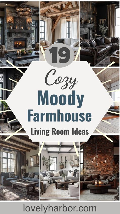 19 Cozy Moody Farmhouse Living Room Ideas That Wow Farmhouse Living Room Colors Rustic, Dark Living Rooms Cozy Accent Wall, Cozy Rustic Modern Living Room, White Farmhouse Living Room Ideas, Rustic Farmhouse Mantel Decor, Farmhouse Living Room Design Ideas, Charcoal Couch Living Room Farmhouse, Country Design Interior, Moody Modern Farmhouse Living Room