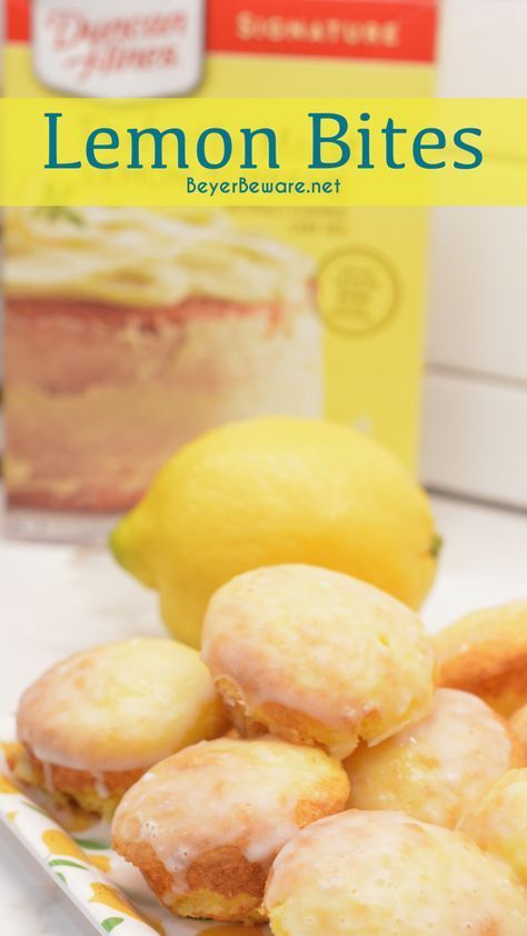 Mini Lemon Cakes With Glaze, Lemon Cake Box Cookies Recipes, What To Make With Boxed Lemon Cake, Cake Mix Lemon Muffins, Lemon Drop Cake Bites, Lemon Cup Cakes, Lemon Cake Mix Ideas, Lemon Desserts Easy Cake Mixes, Lemon Mini Muffins