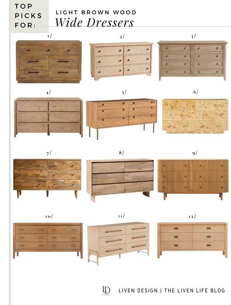 best bedroom dressers. white dresser. black dresser. brown dresser. carved dresser. modern dresser. traditional dresser. 6-drawer dresser. 8-drawer dresser. 7-drawer dresser. burl wood dresser. woven cane dresser. dresser with knobs. brass hardware. bedroom furniture. reclaimed wood dresser. natural wood dresser. oak dresser. long dresser. wide dresser. beige dresser. curved dresser. #home #dresser #furniture #modern #traditional #interiordesign Dresser With Shelves On Side, 70” Dresser, Simple Dressers Bedroom, Minimalist Dresser Bedroom, Wood Dresser And Nightstand, Affordable Bedroom Dresser, Natural Oak Dresser, 2023 Dresser Trends, Light Brown Dresser Bedroom