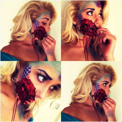 "Hooked" Mermaid makeup for Halloween #hookedmermaid #liquidlatex #scabblood Evil Mermaids Costume, Evil Mermaid Costume Diy, Dead Mermaid Makeup, Scary Mermaid Costume, Caught Mermaid, Mermaid Caught, Hook Costume, Hooked Mermaid Makeup, Makeup For Halloween