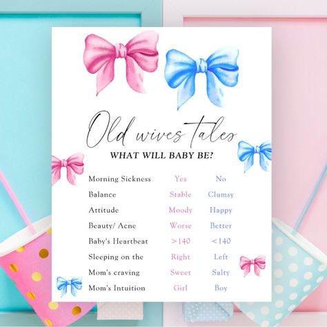 Old Wives Tales Gender Reveal Board  Poster Gender Reveal Board, Old Wives Tales Gender, Pink And Blue Gender Reveal, Bows Gender Reveal, Blue Gender Reveal, Old Wives Tales, Bow Gender Reveal, Gender Reveal Games, Old Wives Tale