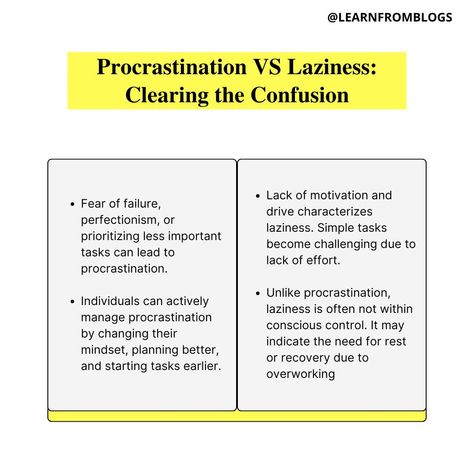 Procrastination VS Laziness: Clearing the Confusion! Fear of failure, perfectionism, or prioritizing less important tasks can lead to procrastination. Individuals can actively manage procrastination by changing their mindset, planning better, and starting tasks earlier. Lack of motivation and drive characterizes laziness. Simple tasks become challenging due to a lack of effort. Unlike procrastination, laziness is often not within conscious control. It may indicate the need for rest or reco... Lack Of Effort, Fear Of Failure, Lack Of Motivation, Perfectionism, Life Organization, Drive, How To Plan, Canning, Instagram Posts