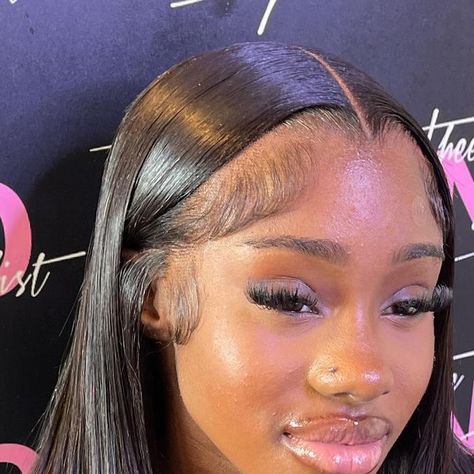 THEENDSTYLIST on Instagram: "Pretty girls love clean middle part bussdowns💕🎀  Service: frontal premade wig install🔥 - - - - - - Tags: #lacewigs #frontalinstall #wig #longhair #hairstylist #wigstyling #styling #melted #lace #lacefrontwig #atl #atlanta #uk #ukhairstylist #fyp #explorepage #hairstyles #blackbusiness #réel" Middle Part Wig No Edges, Wig Styles Middle Part, Widows Peak Wig Black Women, Bus Down Middle Part Wig, Lace Install Hairstyles, Wig Behind Hairline, Middle Part Wig Install, Middle Part Frontal Wig, Side Part Wig Install