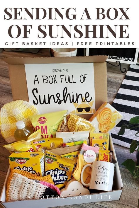 Thinking Of You Gifts Care Packages Box Of Sunshine, Happy Basket Care Packages, Box Of Sunshine For Men, Teacher Get Well Gift, Get Well Soon Box Ideas, Get Well Care Package Ideas For Men, Congratulations Care Package, Sunshine Basket Care Packages, Get Well Box Care Packages