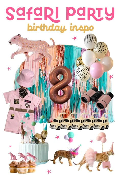 Sharing ideas for a safari birthday party! #safari #birthdayparty Purple Safari Birthday Party, Safari Barbie Birthday Party, Simple Safari Birthday Party, Girls Jungle Birthday Party, Girly Safari Birthday Party, 4 Ever Wild Birthday Girl, Zoo Animal Birthday Party Ideas, 4 Ever Wild Birthday Party, Four Ever Wild Birthday Girl