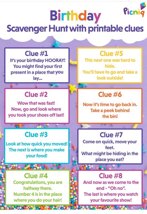 Birthday Gifts For Boys 8-10, 8 Year Birthday Party Games, 10th Birthday Party Activities, Toddler Birthday Traditions, Perfect 10 Birthday Party Theme, 10th Birthday Party Ideas For Boys, Birthday Scavenger Hunt Kids, Fun Birthday Activities, 7 Year Birthday