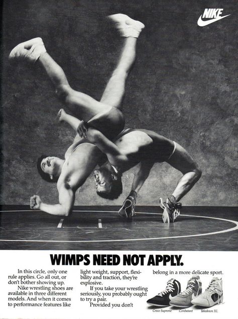 Classic Nike wrestling shoes ad. In this circle, only one rule applies. Go all out or don't bother showing up. Nike Wrestling Shoes, Catch Wrestling, Olympic Wrestling, Wrestling Quotes, Wrestling Posters, Learn Pinterest, Wrestling Shoes, Anatomy Poses, Human Poses