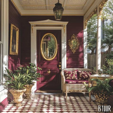 10+ Elegant Colors for Porch Using Burgundy and Gold • 333+ Inspiring Lifestyle Ideas Burgundy Home Exterior, Burgundy Exterior Door, Burgundy Front Door, Burgundy Door, Elegant Color Combinations, Burgundy Paint, Victorian Porch, Inspiring Lifestyle, Gold Planter