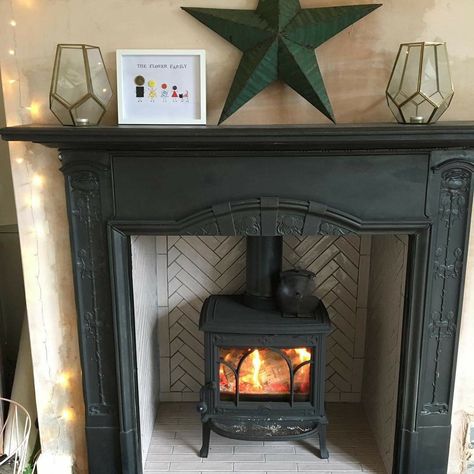 Coloured Log Burner, Black Fire Surround Ideas, Log Burner Victorian Fireplace, Tiled Fireplace Log Burner, Tiled Hearth Ideas Log Burner, Tiles Behind Log Burner, Tile Wood Stove Surround, Log Burner Tiles, Tiled Log Burner Fireplace