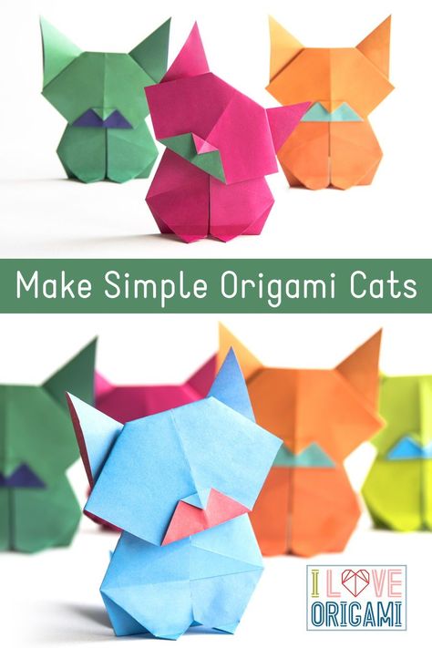 Fold a simple origami cat with separate head and body pieces. This is an easy paper folding project and perfect if you love animals! Origami Easy Rectangle Paper, Origami Cat Tutorial, Paper Origami Easy, Origami Cat Instructions, Paper Folding For Kids, Flat Origami, Easy Paper Folding, Crafts For Rainy Days, Cat Origami