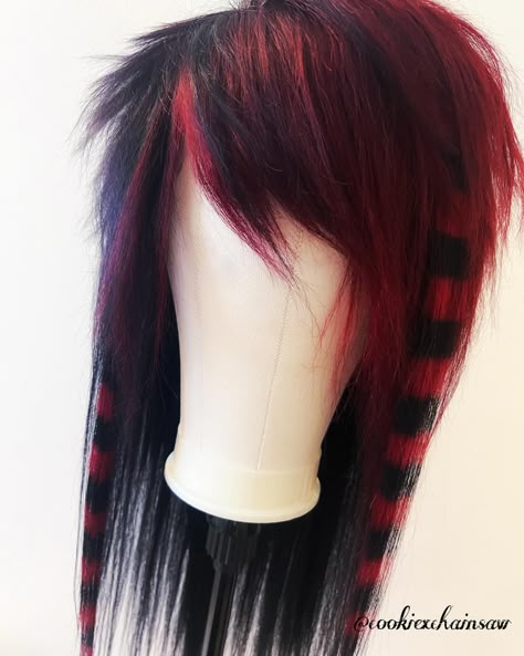 wine red bangs w raccoon tails for @o.fukk 🤌🏻 • #scenehair #scenekid #scenegirl #emo #scene #alternative #altwigs #customwigmaker… | Instagram Red Black Scene Hair, Emo Hair Dye Stripes, Black Into Red Hair, Emo Hair Raccoon Tails, Black And Red Emo Hair, Scene Raccoon Hair, Red And Black Raccoon Tails Hair, Red Raccoon Tail Hair, Scene Wigs