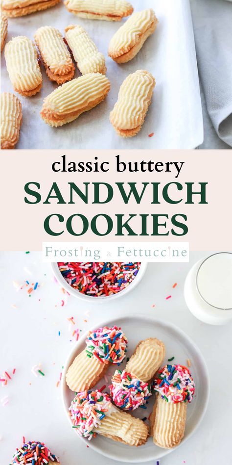 This easy sandwich cookie recipe with sprinkles is a fun party dessert for birthdays or any occasion! You'll love these melt-in-your-mouth, jam filled butter cookies. Butter Cookies With Sprinkles, Jelly Sandwich Cookies, Butter Sandwich Cookies, Cookies With Sprinkles, Easy Sandwich, Cookie Sandwich Recipes, Finger Cookies, Butter Sandwich, Jelly Cookies