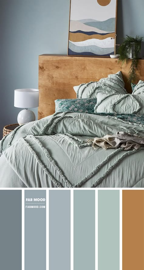 Dusty Blue and Seafoam Bedroom Colour Scheme | Cool Tone Bedroom Light Blue Rooms Bedroom, Blue And Sage Bedroom, Seafoam Bedroom, Relaxing Bedroom Colors, Blue Color Combo, Blue Bedroom Colors, Earth Tone Bedroom, Sage Bedroom, Light Blue Bedroom