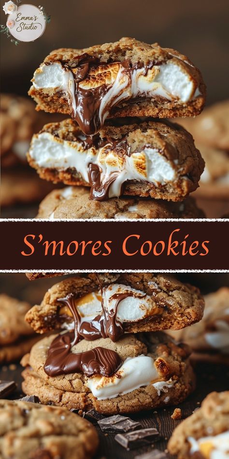 S'mores Cookies Recipe: Campfire Treats at Home - Emma's Cake Studio Best Smores Dessert, Smores With Cookies, Individual Smores Pie, Homemade Smores Cookies, Rainy Day Treats, Make Ahead Desserts For A Crowd Freezer, One Happy Camper Desserts, S'mores In Air Fryer, S’more Cookie Recipe