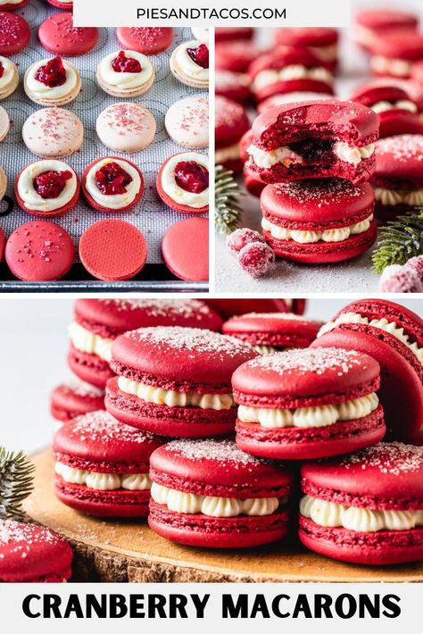 Red Christmas Desserts, French Cookies Christmas, Christmas French Macarons, Creative Macarons, Christmas Macaroons Recipe, Cranberry Macarons, Christmas Macaron Flavors, Christmas Macarons Flavors, Christmas Macarons Decoration