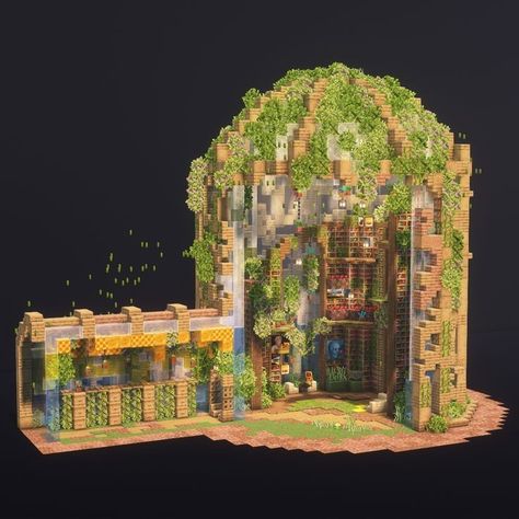 Minecraft Kingdom Wall Designs, Enchanting Hut Minecraft, Cute Minecraft Town Builds, Minecraft Aesthetic Library, Minecraft Villager Building Ideas, Goblincore Minecraft House, Pretty Minecraft Farm, Minecraft Large Farm Ideas, Asian Style Minecraft House