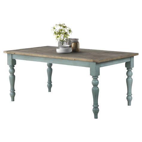 Dimensions: 68L x 38W x 30H in.Solid rubberwood and engineered woodWeathered gray and antique blue finishRectangular top and turned legsSeats up to 6 peopleAssembly requiredPart of the Prato Collection. Farmhouse style arrives to your dining space with the Roundhill Furniture Prato Rectangular Dining Table. A two-tone finish of antique blue and weathered gray welcomes your guests and family to the table for good conversation and great food. Turned legs and a rectangular top completes the look of Traditional Dining Table, Painted Dining Room Table, Blue Dining Tables, Painted Kitchen Tables, Rustic Farmhouse Furniture, Painted Dining Table, Traditional Dining Tables, Farmhouse Kitchen Tables, French Country Dining