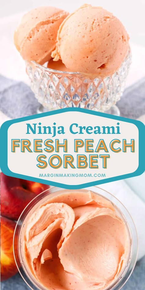 Did you know you can transform fresh peaches into the most delicious sorbet? The Ninja Creami machine makes it super easy! This is a healthy recipe you can make with no added sugar, and you don't even have to peel the peaches! Peach Ice Cream Homemade No Machine, Ninja Creami Fresh Peach Sorbet, Ninja Creami Fresh Peach Ice Cream Recipes, Fresh Peach Sorbet Ninja Creami, Ninja Creami Sorbet Recipes Healthy, Peach Ninja Creami Recipe, Ninja Creami Slushy Recipe, Peach Sorbet Ninja Creami, Peach Ninja Creami