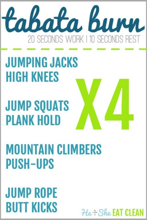 Blast calories and burn fat with this Tabata workout. #fitness #exercise #workout #Tabata #heandsheeatclean Tabata Running Workouts, 20 Min Tabata Workout, What Is Tabata Workouts, Bodyweight Tabata Workout, Total Body Tabata Workout, What Is Hiit, Hiit Benefits, Plank Hold, Belly Fat Overnight