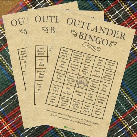 Ach dinna fash lassie. This printable bingo game will inspire friendly competition at your Outlander viewing party. Or turn it into a Scotch whisky drinking game.  Take a drink when you mark off a square! Slainte! Buy and print within minutes! Link in bio or search for Media Medusa Shop on Etsy. #outlander #outlanderseason4 #outlanderstarz #outlanderfan #sassenach #outlanderparty #outlanderfans #outlanderbingo Outlander Party, Friend Bingo, Printable Bingo Games, Greeting Card Envelope, Outlander Jamie, Bingo Printable, Outlander Tv, Viewing Party, Watch Party