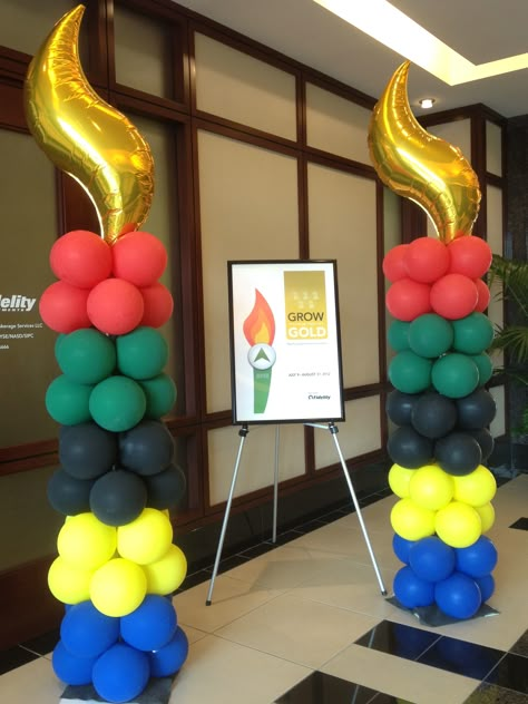 Olympic themed balloon columns.                    #olympic #balloon #column Olympic Decorations, Olympic Vbs, Vbs Olympics, Olympics Decorations, Office Olympics, Olympic Theme Party, Olympic Games For Kids, Olympic Idea, Olympic Crafts