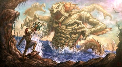 Perseus vs the Kraken by VegasMike Monster Hunter World Wallpaper, Werewolf Illustration, Sea Illustration, Greek Mythology Tattoos, Underwater Painting, Clash Of The Titans, The Kraken, Greek Statues, Mythology Tattoos