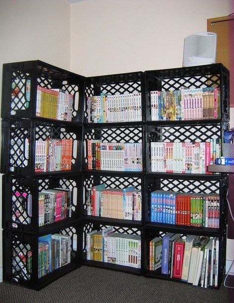 Milk Crate Shelves, Milk Crates Diy, Milk Crate Furniture, Milk Crate Storage, Plastic Milk Crates, Plastic Crate, Crate Bookshelf, Crate Furniture Diy, Crate Diy