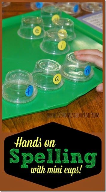 So clever!! Fun spelling games with mini cups! Great for hands on spelling activities to use  for spelling practice with any list for Kindergarten -3rd grade. Spelling Bee Games, Fun Spelling Games, Homeschool Spelling, Spelling Centers, Activity Kindergarten, 123 Homeschool 4 Me, Mini Cups, Cup Game, Teaching Spelling