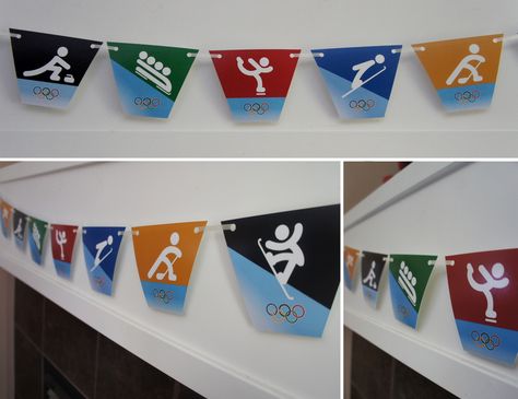 Free printable Olympics banner! The sports event icons are from the Sochi Olympics year, but they  are usually fairly similar each year, so you could still use these... Winter Olympics Party, Fête Jurassic Park, Winter Olympics Activities, Preschool Olympics, Olympics Costume, Olympics Decorations, Olympic Theme Party, Olympics Party, Olympic Idea