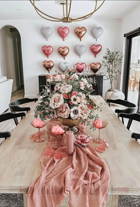 Valentines Day Tablescapes, Valentines Home Decor, Vday Decor, Valentine Tablescape, Vintage Valentines Decorations, Boho Valentine, Valentine Table Decorations, Rustic Valentine, Pink Wall Decor