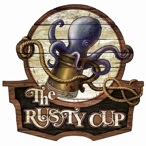 Pub/tavern sign illustration for a place called The Rusty Cup, from an upcoming… Tavern Names, Tavern Aesthetic, Tavern Logo, Fantasy Tavern, Tavern Sign, Fantasy Shop, Storefront Signs, Sign Illustration, Pub Design