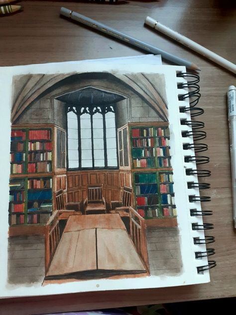 Library Room Drawing Sketch, Library Painting Ideas On Canvas, Library Watercolor Painting, Bookshelf Drawing, Library Painting, Abandoned Library, Library Drawing, Painted Bookshelves, Bookshelf Art