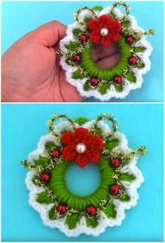 Crochet Wreath Ornament, Crochet Wreath Pattern, Crochet Tiny, Crochet Christmas Trees Pattern, Crochet Christmas Wreath, Crochet Christmas Ornaments Free, Crochet Ornament Patterns, Christmas Crochet Patterns Free, Crochet Wreath