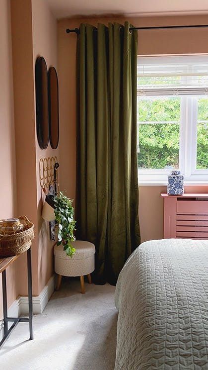 Explore how @cotty_lee uses the Arts and Crafts style wallpaper, Briar Rose, alongside complementary pink paint colours to create a timeless bedroom scheme Pink Wall Green Curtains, Dark Green Pink Bedroom, Olive Green And Blush Bedroom, Pink Green Brown Bedroom, Olive And Pink Bedroom, Olive Green And Pink Bedroom, Pink Brown Bedroom, Pink And Green Bedroom Aesthetic, Grey Green Bedrooms