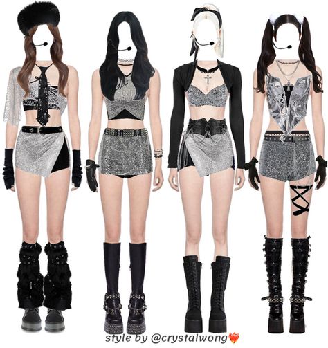 Black And Silver Outfits, Kpop Animated, Friends Clothing, Silver Outfit, Irish Clothing, Outfit Anime, Kpop Fits, Outfit Kpop, Silver Outfits