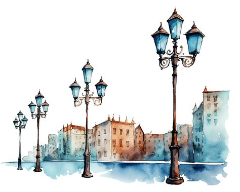 Watercolor vintage lamp post clipart on the streets of a modern city! The clipart is on a transparent background, allowing seamless integration into your creation. This is a 4-cipart bundle. Choose one for your creation, or use it all for other projects. The quality of the clipart will allow for seamless composition. #lamppost #streetlamp Lamp Watercolor, Street Lamp Post, Art Clip, Victorian Street, Victorian Lamps, Festive Holiday Decor, Street Lamp, Modern City, Diy Vintage