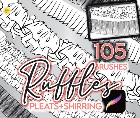 105 PROCREATE RUFFLE BRUSHES * Pleats Shirring Smocking Gathers Frills Gowns Sketch Drawing Fashion Design Technical Flats Brush Anime Manga Pleated Skirt Sketch, Technical Flats, Free Procreate, Procreate Brushes Free, Drawing Fashion, Best Brushes, Fashion Figures, Flat Brush, Free Brush