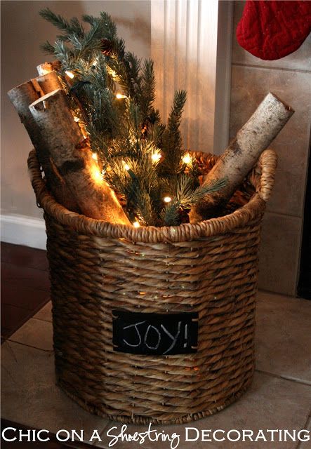 Rustic Christmas...in a basket.  Put some birch branches in a large basket along with some lighted pine pieces for a softly glowing Christmas look.  Add a "Joy" or other sign to the front of the basket for a prim touch. Outdoor Holiday Planters, Rustic Christmas Mantel, Holiday Planter, Porch Christmas, Diy Pots, Christmas Mantels, Christmas Decorations Rustic, Noel Christmas, Country Christmas