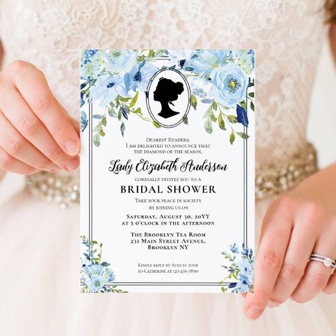 Bridgerton Bridal Shower Ideas, Bridgerton Theme, Bridal Shower Floral, Tea Bridal Shower Invitations, Bridal Tea, Bridal Shower Tea, Blue Florals, Floral Bridal Shower Invitations, Regency Era