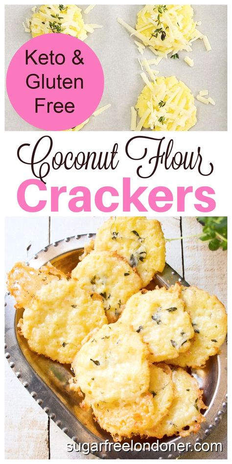 This easy Keto coconut flour crackers recipe is made with coconut flour and topped with sharp cheddar and fragrant, fresh thyme. A satiating, delicious low carb snack! Only 6 ingredients and ready in 20 minutes. Coconut Flour Crackers Recipe, Coconut Flour Crackers, Keto Restart, Keto Cracker, Low Carb Crackers Recipes, Recipes Using Coconut Flour, Keto Crackers Recipe, Homemade Crackers Recipe, Thm Snacks