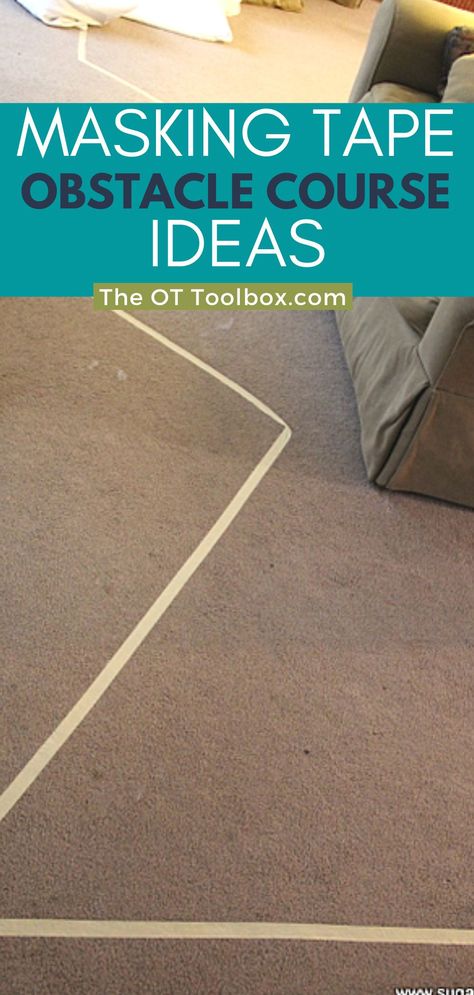 use these masking tape obstacle course ideas to build gross motor skills indoors. These are great for therapy at home activities, occupational therapy interventions, and physical therapy interventions with kids. Challenge motor planning, coordination, strength, balance, endurance, core strength, proprioception, and more. Painters Tape Obstacle Course, Inside Obstacle Course For Kids, Bear Gross Motor Activities, Tape Obstacle Course, Indoor Obstacle Course Ideas For Kids, Occupational Therapy Interventions, Indoor Winter Activities, Obstacle Course Ideas, Inside Activities